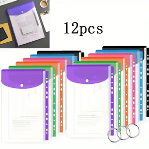 12 Pcs Plastic Envelopes Binder Pocket 11 Holes Expandable Binder Folders for 2/3/4 Ring Document Pouch with Snap Button & Label Loose-Leaf Transparent for School Home Office
