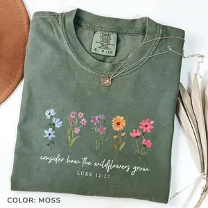 Comfort Colors Consider How The Wildflowers Grow T-Shirt, Luke 12:27 Christian Floral Graphic Tee, Faith Based Scripture Shirt, Wildflower Bible Verse Gift - Michigan First