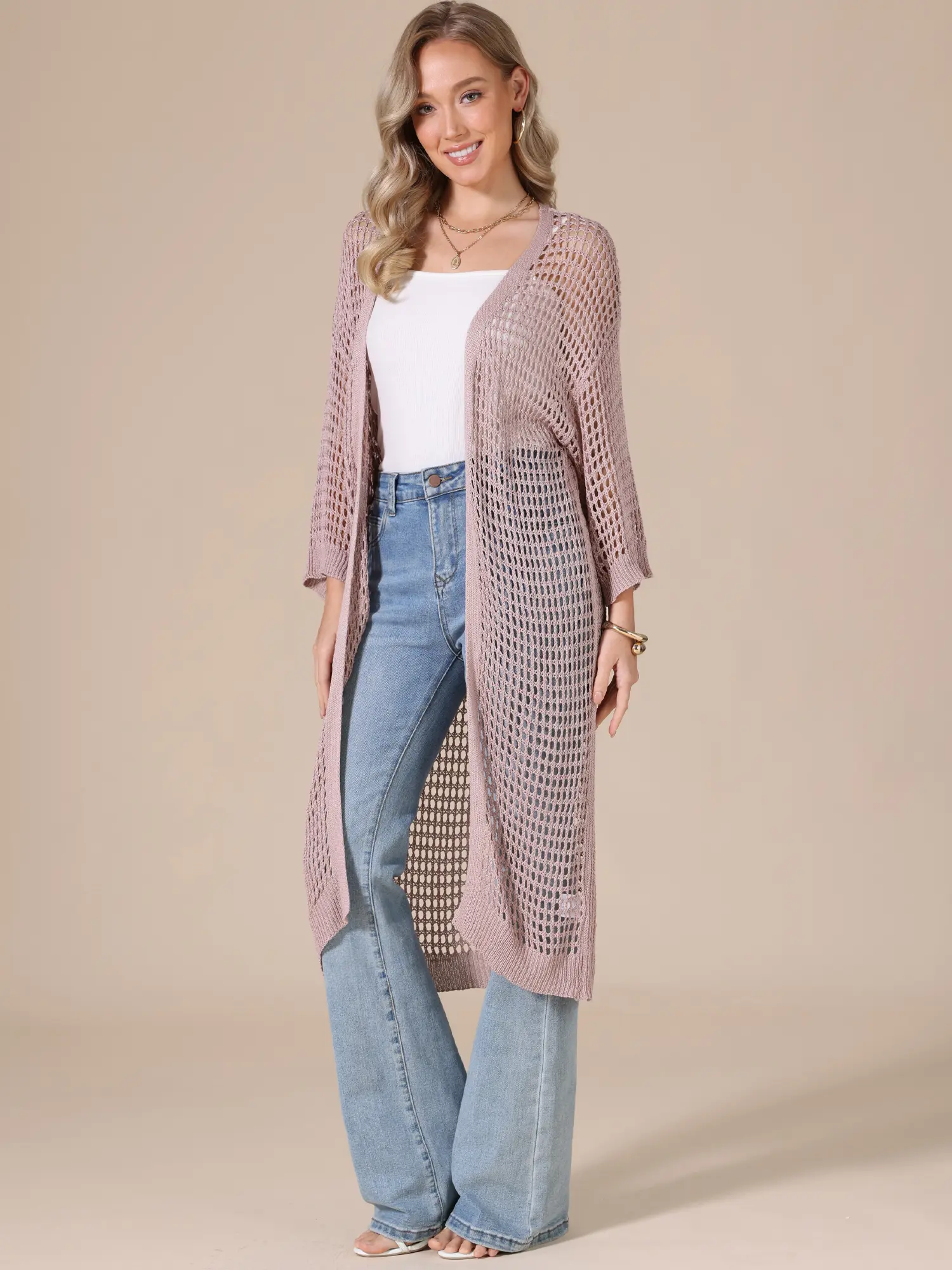 INSPIRE CHIC Long Cardigan Women's Summer Casual Long Sleeve Hollow Out Crochet Open Front Outfits
