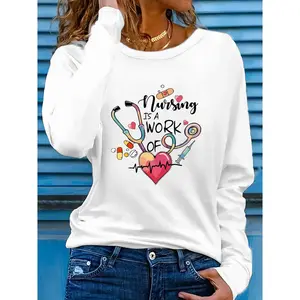 [Casual Nurse Tee] Long Sleeve Cartoon Nurse T-Shirt | Women's Casual Round Neck Spring Summer Top with "A Nurse's Heart" Graphic, Machine Washable Geometric Pattern
