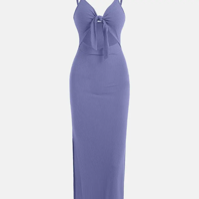 Women's Plain Cut Out Knot Front Split Thigh Bodycon Long Dress, Spaghetti Strap Sleeveless, Summer Clothes Women, Solid Cami Dress, Ladies Casual Summer Evening Party Nightclub Dress