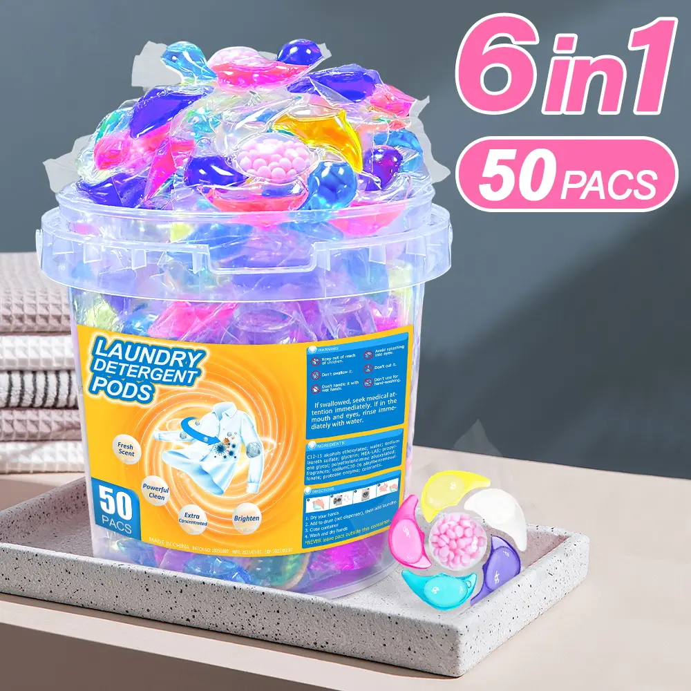6 in 1 Scented Jasmine Laundry Detergent Capsules (50 Solid Pods) - High-Efficiency Stain Remover for All Clothes, Super Decontamination, Long-Lasting Fragrance, Softener Beads, No Unpacking Needed