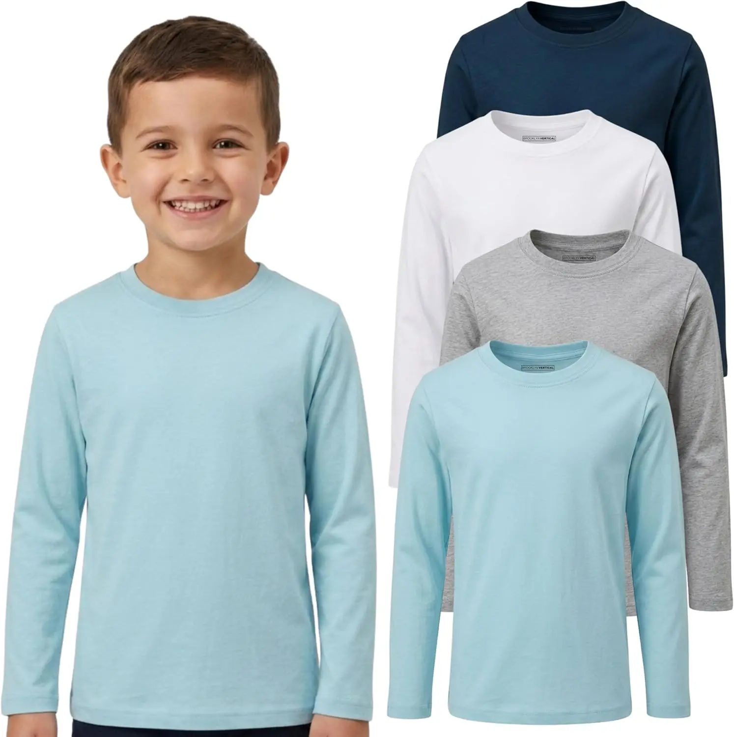 BROOKLYN VERTICAL Boys 4-Pack Long Sleeve Cotton T-Shirts – Tagless Crew Neck Basic Tees, Sizes 2T-18/20