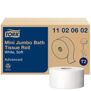 Mini jumbo bath tissue roll toilet paper towels with advanced soft quality compatible with t2 dispenser 12 rolls x 2ply sheets color white