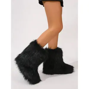 Women's Faux Fur Boot Furry Fluffy Round Toe Suede Winter Comfy Plush Warm Short Outdoor Indoor Flat Shoes Mid-Calf Boots