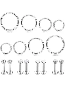 Simple 8 Pairs Silvery Classic Ear Hoops Studs 16G Tragus Helix Piercing Hypoallergenic Stainless Steel Earrings for Women Men Cartilage Septum Couch Daith Lip Jewelry Set
