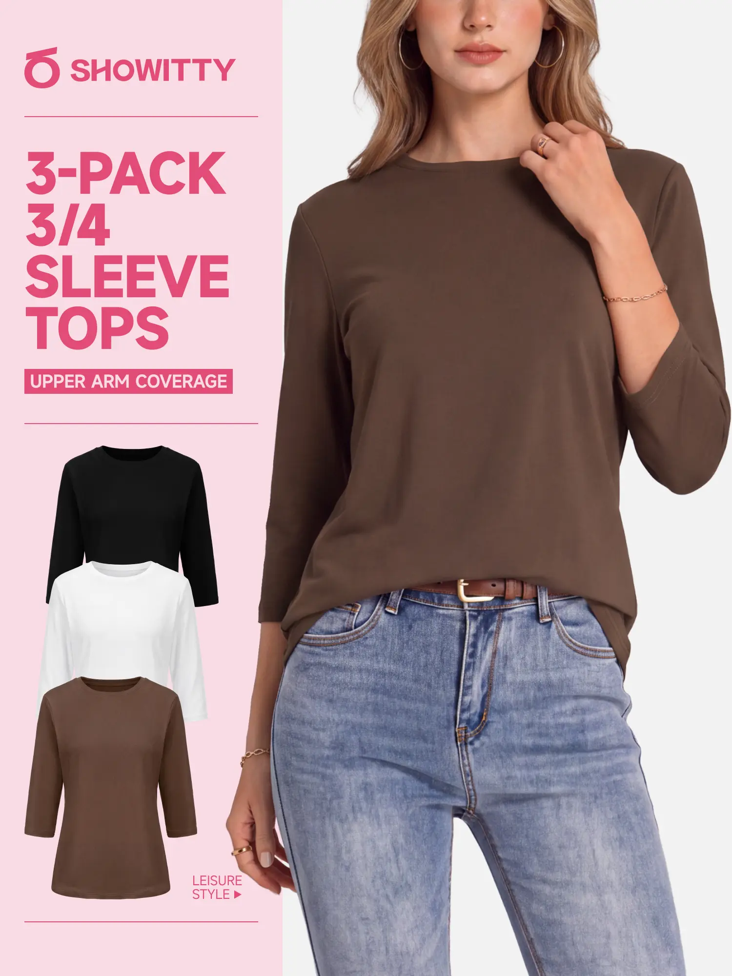 【Everyday Minimal】SHOWITTY Womens 3 Pack 3/4 Sleeve Tops Crew Neck Basic T Shirts Soft Stretch Casual Everyday Shirts