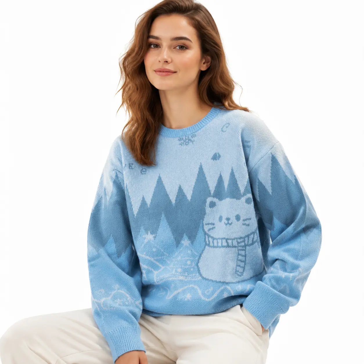 Women's Kawaii Cat Graphic Loose-Fit Knit Sweater - Cute Long Sleeve Crew Neck Winter Top, Soft Fabric, Machine Washable, for Chinese New Year, Easter, Children's Day, Foldable, Lightweight, Casual Basic Knitwear