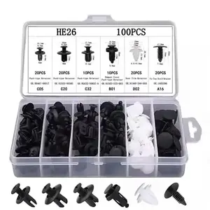 The universal HE26 automotive fastener buckle set includes 100 buckles and 6 types of plastic fasteners, suitable for maintenance and installation of body parts such as bumpers and fenders.