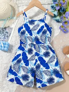 1-piece set of girls' jumpsuit shorts, fashionable floral printed woven jumpsuit shorts, casual, loose, soft and comfortable outdoor wear, gifts for girls over 3 years old during festivals, carnivals and parties