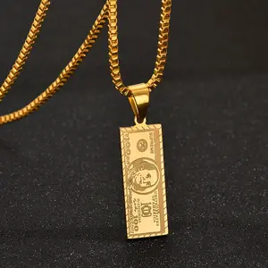 W & J 14K Real Gold-Plated Dollar Pendant Necklace, Double-Sided Mini Money Design, 24" Cuban Chain, Hip Hop Jewelry Gift for Streetwear Lovers