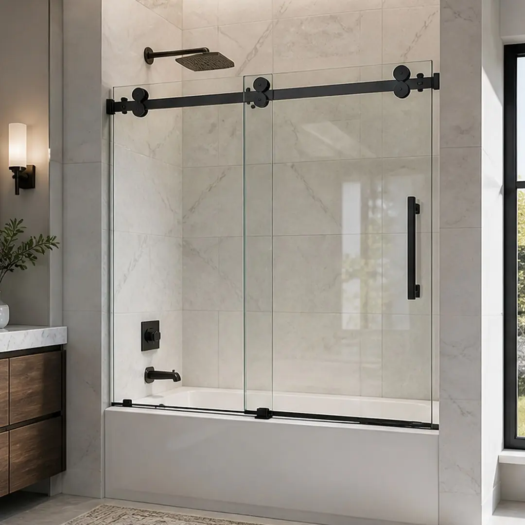 Frameless Double Sliding Tub Shower Door 56-60"W x 60"H, 5/16" Tempered Clear Glass, 304 Stainless Steel Matte Black Finish, Soft Close, Bathroom Shower Enclosure with Anti-Water Strips, Matte Black Color Options, Stainless Steel Material