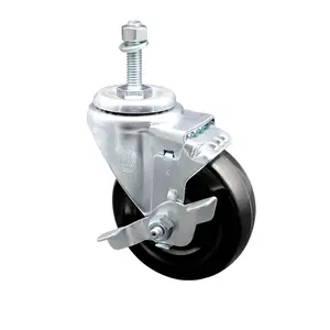 Service Caster SCC-TS20S414-HRS-TLB-381615 Hard Rubber Swivel Threaded Stem Caster, Threaded Castors with 4x1.25 in. Black Wheel, 0.38 in. Stem, and Top Locking Brake