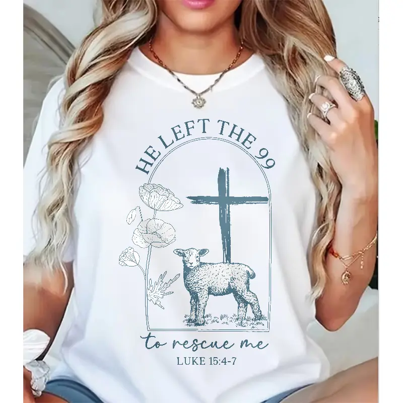 Christian T-Shirt for Women, 'He Left The 99' Graphic Top in a Soft 100% Cotton Classic Fit, Casual Short Sleeve Digital Print Streetwear, Fabric, Lady, Printed, Tshirt