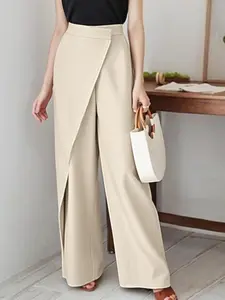 Women's trendy unique cross design pants, in khaki color, with a straight-cut design that is fashionable and trendy.