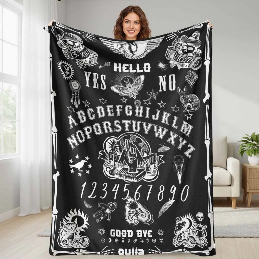 Mystic Ouija Board Flannel Blanket - Gothic Spiritual & Skull Floral Print, Multi-Size, Breathable Soft, Cozy Throw, Decorative Sofa, Wrinkle-Resistant, Anti-Pilling, Lightweight Durable, Ideal for Bedroom Decor, Halloween Party