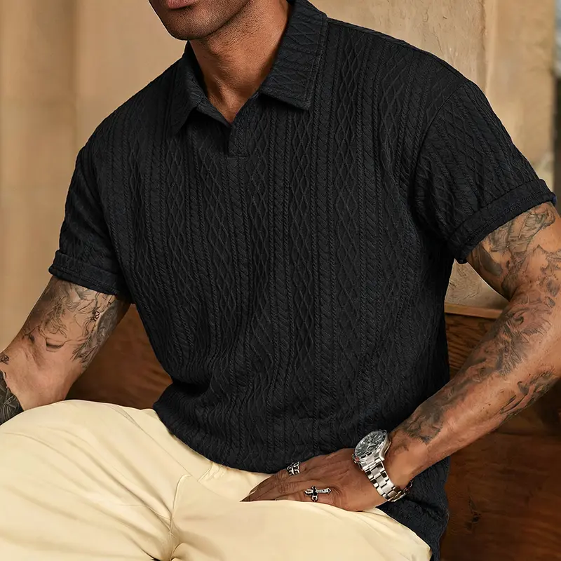 Men's Smart Casual Jacquard Turn-Down Collar Polo Shirt - Menswear Short-Sleeve Top, Soft Breathable Polyester Blend Fabric, Suitable for Outdoor Leisure & Professional Occasions