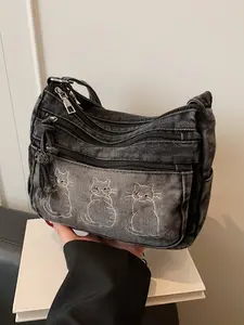 Women's Fashion Casual Shoulder Bag Crossbody, Water Wash Denim Texture, Cat Embroidery Design, Multiple Pockets, Zipper Layers, Versatile Shoulder Bags, Crossbody Handbag, Crossbody Shoulder Purse