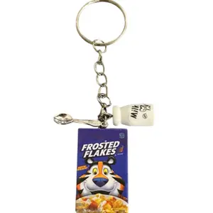 Frosted Flakes Keychain with Milk Bottle and Spoon - Fun Breakfast-themed Accessory for Keys and Bags