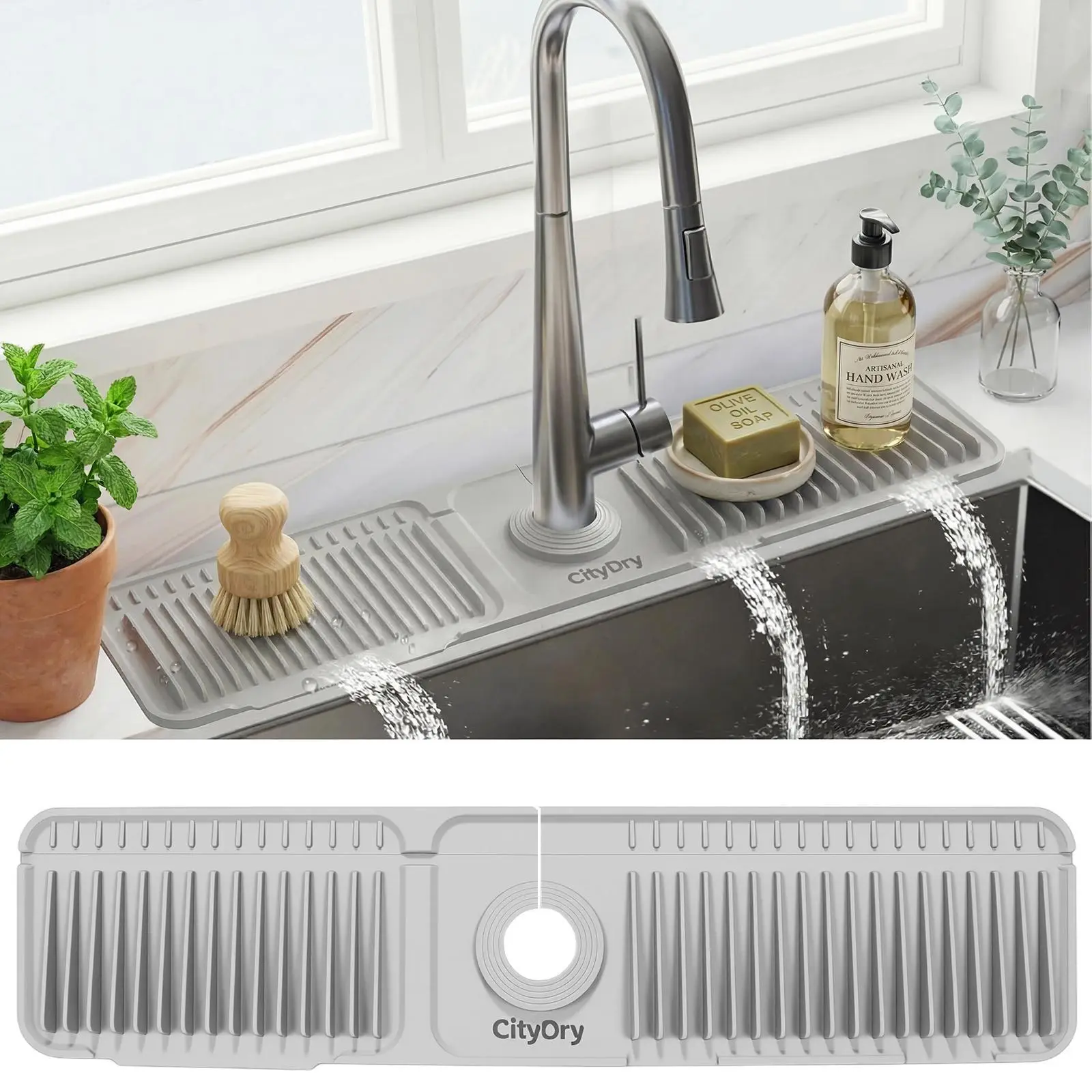 Cuttable Adjustable Silicone Faucet Splash Guard Mat, Auto-Drain Quick Dry Drip Collector Tray, Prevents Countertop Water Stains for Kitchen Bathroom Sinks