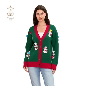 Women Christmas Button Sweaters Casual Snowman Pattern Long Sleeves Knit Cardigans Warm Fall Knitwear for Streetwear
