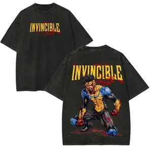 Vintage Washed Black Graphic T-Shirt, Men’s Oversized Streetwear Tee with Bold Invincible Hero Print, Soft Cotton Loose Fit Casual Daily Wear