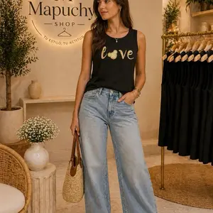 Mapuchy Shop Love Tank Top in Black with Gold Lettering and Heart Design Womenswear Basic Minimalist Sleeveless