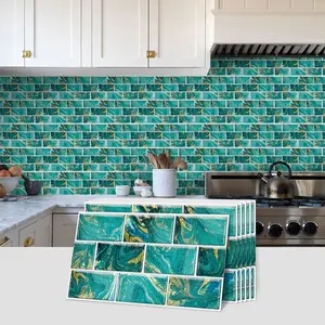 6pcs/12pcs/24pcs Teal Green Gold Marble Subway Peel and Stick Tile Stickers - Waterproof Removable Backsplash Tiles for Kitchen Bathroom Luxury Home Decor