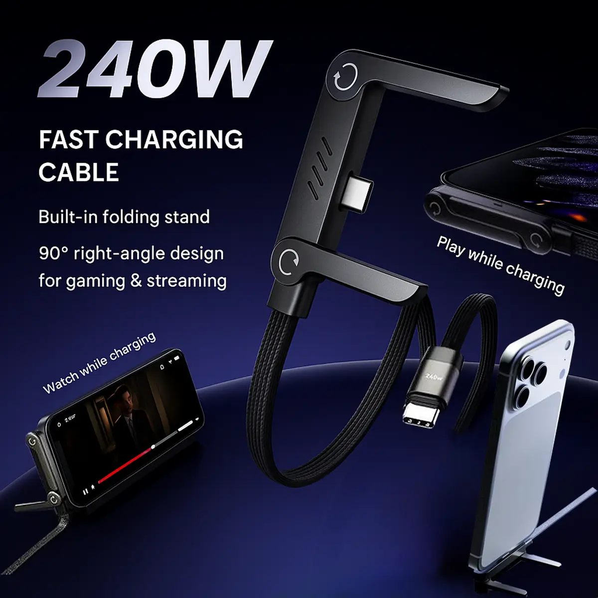 240W right angle charging cable for gaming and video watching