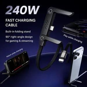 Invisible Holder Charger Cable with Stand, 240w super fast charging 2-in-1 Fast Charging Cord & Phone Stand for Gaming, Office, Car Travel, Compatible with iPhone Samsung Type-C Lightning charging cable Black base mo charger