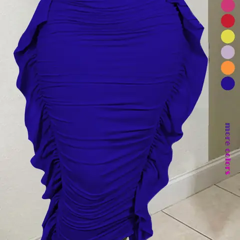 Women's Plain Ruched Ruffle Trim Bodycon, Casual Fashion High Waist Fit Midi Skirt for Daily Outdoor Wear, Women's Bottoms for Spring & Fall, Womenswear, High Waist Skirts
