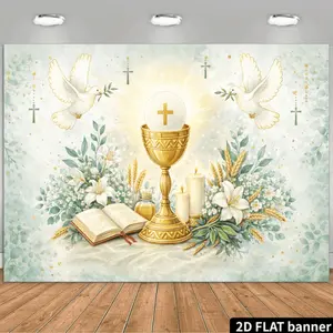 2D Flat White Dove-themed Religious Backdrop Featuring a Golden Chalice in the Center. The Chalice Contains a White Host and a Golden Cross, Flanked by Two Lit White Candles. Below, a Brown Bible and a Golden Cross Are Displayed. The Background Shows