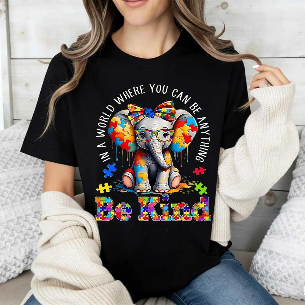 Elephant Puzzle Pieces T-Shirt, Be Kind Tee Gift for Women Girls, Autism Awareness Graphic Shirt, Cute Elephant Design, Inspirational Kindness Outfit, Trendy Womenswear, Full Color 🐘🧩✨