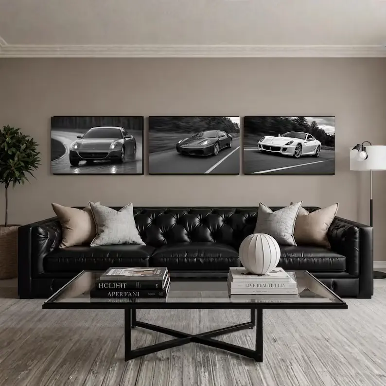 Set of 3 Black & White Ferrari Car Posters Supercar Garage Wall Art Bundle
