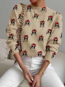 Women's Christmas Cartoon Dog Print Stand Collar Sweater, Fall Winter Casual Long Sleeve Knitwear, Comfortable Warm Daily Wear