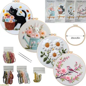 Floral Cat Bird Rabbit Embroidery Kit DIY Stitching Materials Set English Stitch Guide Handmade Needlework Craft for Beginners Home Decoration Art Project