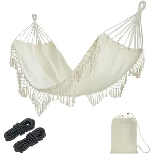 Boho Macrame Single Hammock with Hanging Ropes & Elegant Tassels 78.8x39.4 Portable Cotton Hammock for Patio Backyard Porch 300LBS Weight Capacity Perfect for Outdoor/Indoor(Beige)