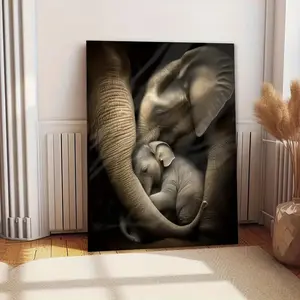 1pc High Quality Wooden Frame Wrapped Canvas Poster- Elephant And Kid Canvas Print Wall Art, Black And White Animal Theme -can Be Hung Directly, for Office, Bedroom, Kitchen, Living, Perfect Room Decoration Gift