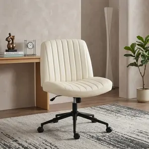 Beige Criss Cross Office Chair with Wheels, Wide Armless Teddy Fabric Desk Chair, Dual-Purpose Base (Wheels/Foot Pads), 26'' Wide Seat, 300Lbs Capacity, Swivel Height Adjustable
