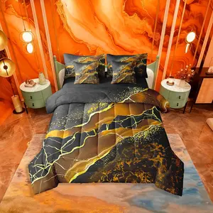 Shiny Comforter Set,Crack Fluid Bed in A Bag,7 Pieces Abstract Marbling Marble Golden Galaxy Bed Set,Black Dark Yellow Bedding
