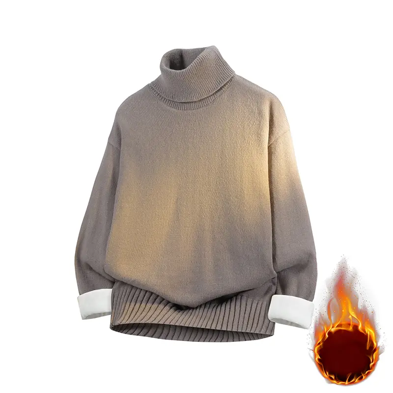 Men's Mock Neck Fleece-Lined Knit Pullover Sweater - Foldable Athletic Plain Polyester Longsleeve Clothes, American-Style Casual Loose-Fitting Outdoor Knitwear Top, Pullover Top, Solid Plain, Full Sleeves, Long Length, Plain Look