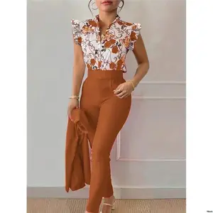 BeltIsDecorative tiktokClasi2pcs / SetWomenFloralPrintFrontButtonShirtAndFullLengthPantsSet ( )