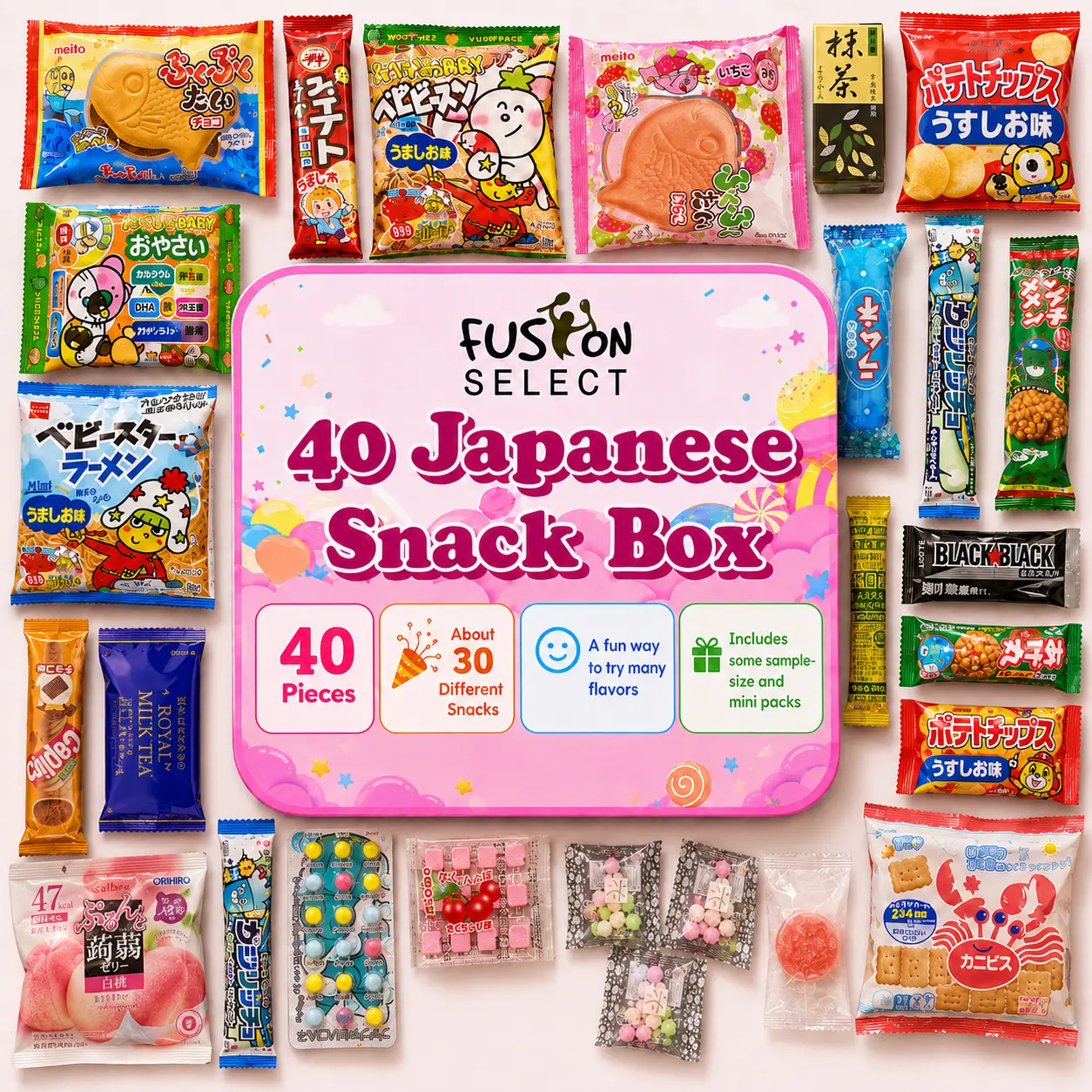 Fusion Select 40 Japanese Snack Box Gift Basket - Assorted Dagashi Box from Japan with Bubble Gum, Peach Juice, Fish-Shaped Wafer, Potato Crisps, Animal-Shaped Biscuits, Corn Chips, Gummies