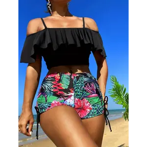 [Offshoulder Swimwear] Chic Off-Shoulder Ruffle One-Piece Swimsuit for Women - Tropical Print, High-Waisted with Side Ties, Stretchy Nylon/Elastane Blend, Non-Transparent Knit Fabric, Perfect for Beach & Poolside, Vacation Swimwear|Tropical