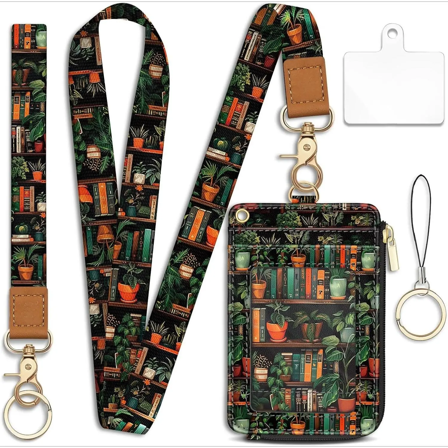 Bookshelf Lanyard Wallet for Women, Slim PU Leather RFID Blocking Card Holder with ID Badge Window, Neck and Wrist Straps for Phone and Keys, Drivers, Doctors