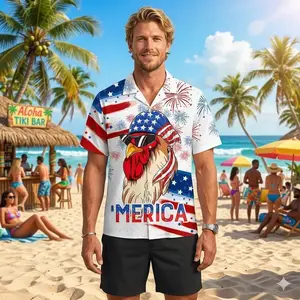 Merica Rooster Hawaiian Shirt – Funny Patriotic American Flag Shirt| 4th of July Party Outfit, Independence Day 4th of July Gift