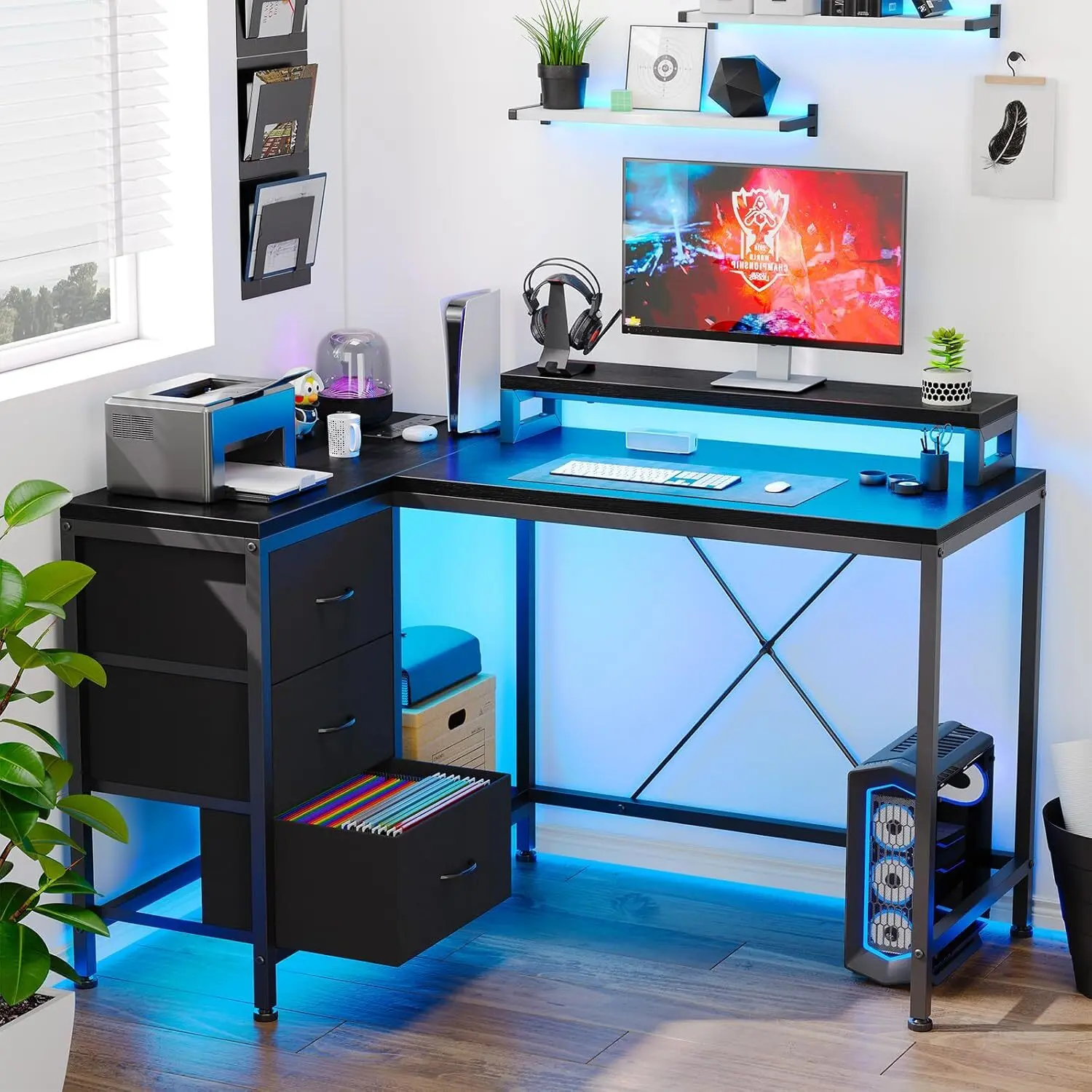 L Shaped Gaming Desk with 4 Tier Drawers, L Shaped Desk with Power Outlets and Led Lights, Home Office Desk with Monitor Stand, 43 Inch Gaming Table for Bedroom, Study Writing Gaming Desk-black