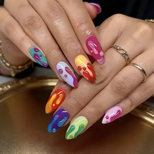 New Colorful Almond Nail Art, Stylish Daily Wear, Party & Date Suitable, Full Adhesive Acrylic Material, Includes Removal Tools