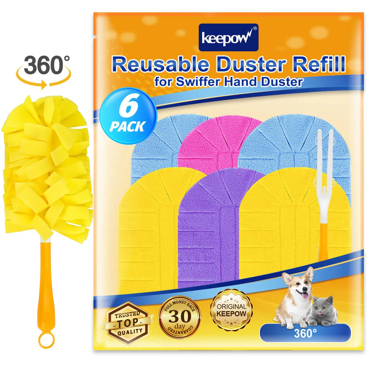 KEEPOW Reusable Duster Refill With Handle, Compatible with Swiffer 360 Degree Dusters Refills for Cleaning 6 Pack