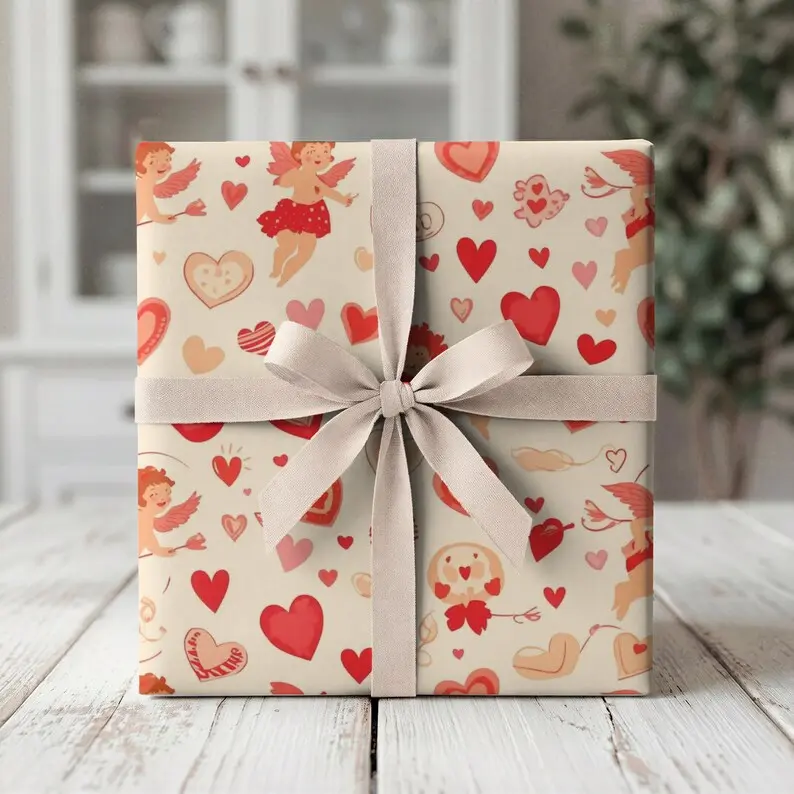 Valentine's Day gift wrap with Cupid and hearts design, Romantic Love Wrapping Paper Wrapping Paper Love Valentine